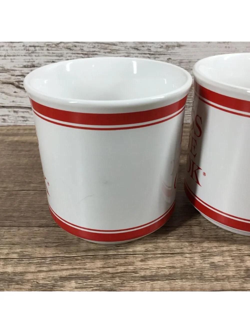 Kiss The Cook Red White Ceramic Coffee Mugs Set Of 2 Farmhouse Kitchen Drinkware